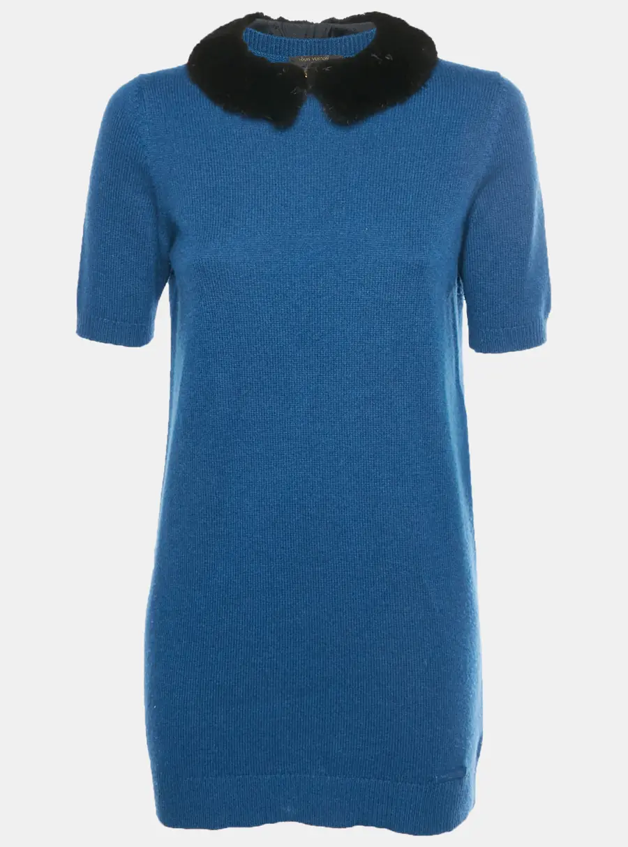 Louis Vuitton Blue Cashmere Knit Mink Collared Dress XS