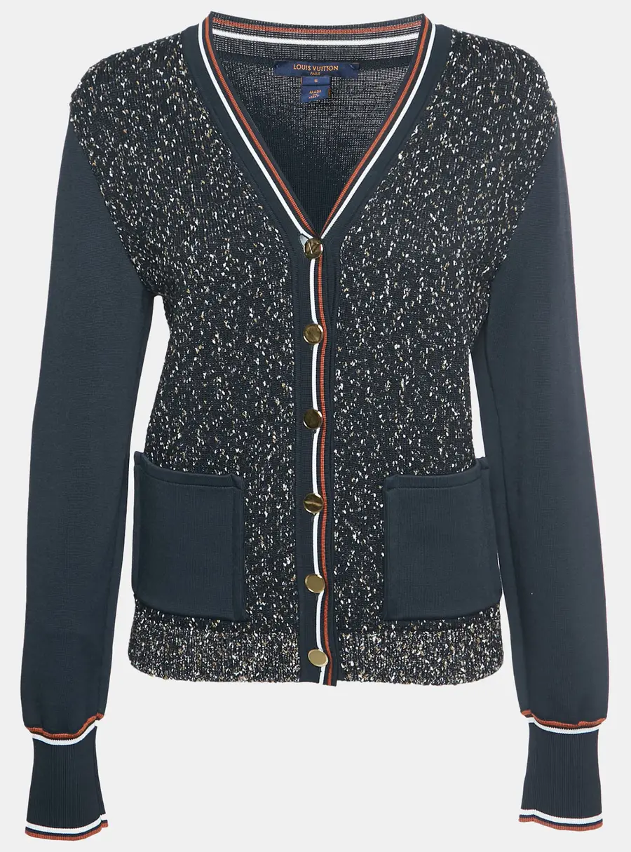 Louis Vuitton Navy Blue Tweed Knit Button Down Cardigan S