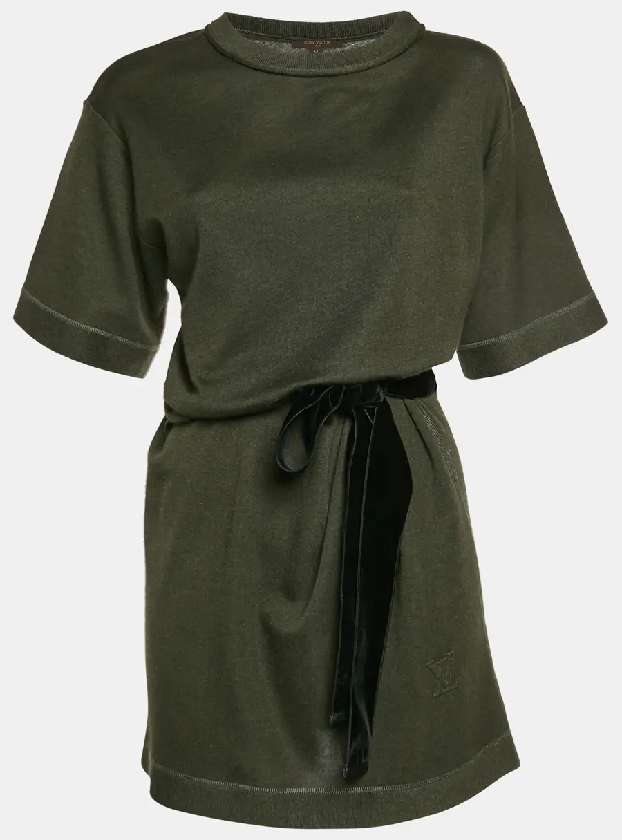 Louis Vuitton Green Wool Blend Knit and Velvet Trim Mini Dress M