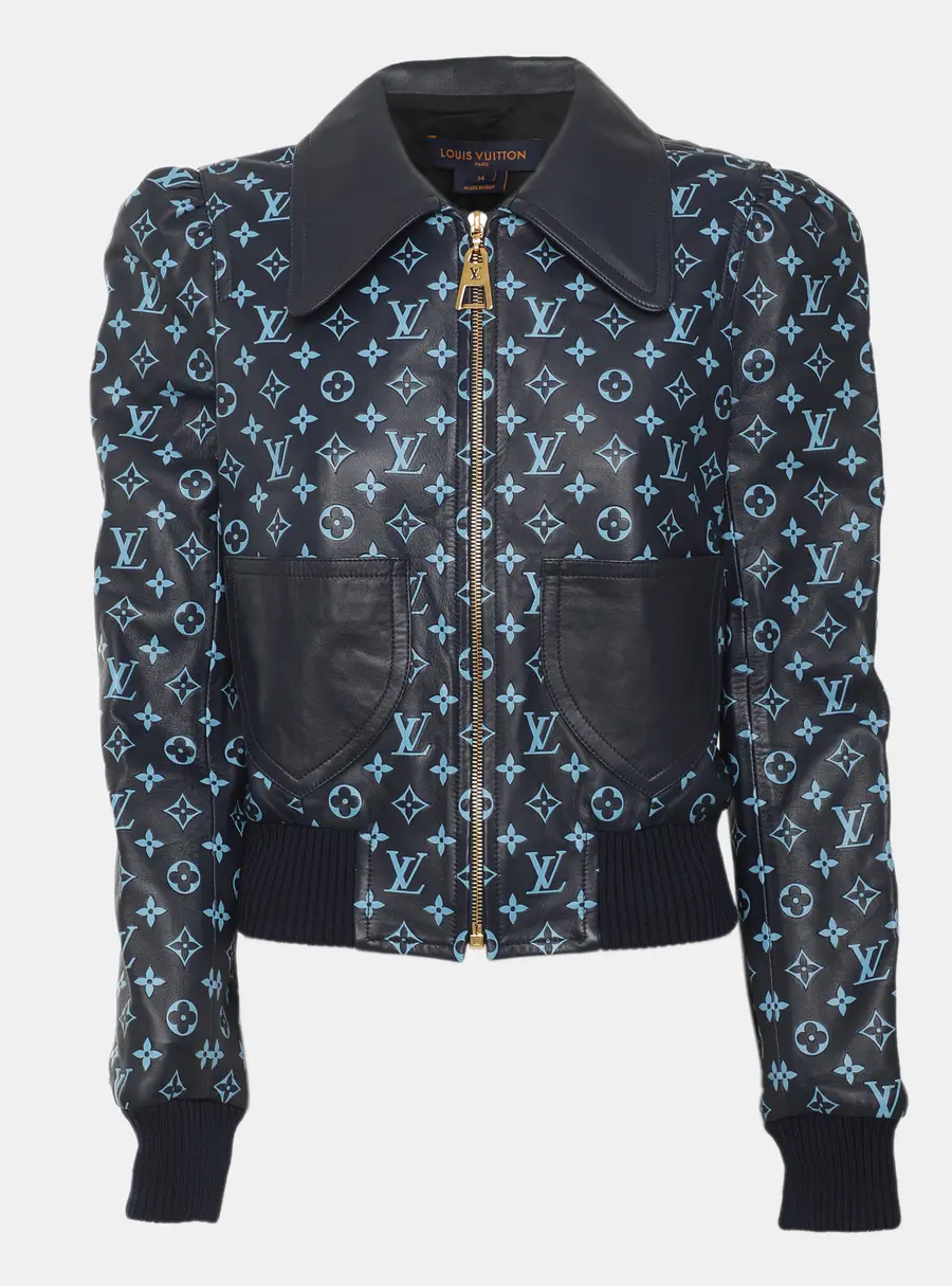 Louis Vuitton Navy Blue Monogram Leather Zip-Up Jacket S