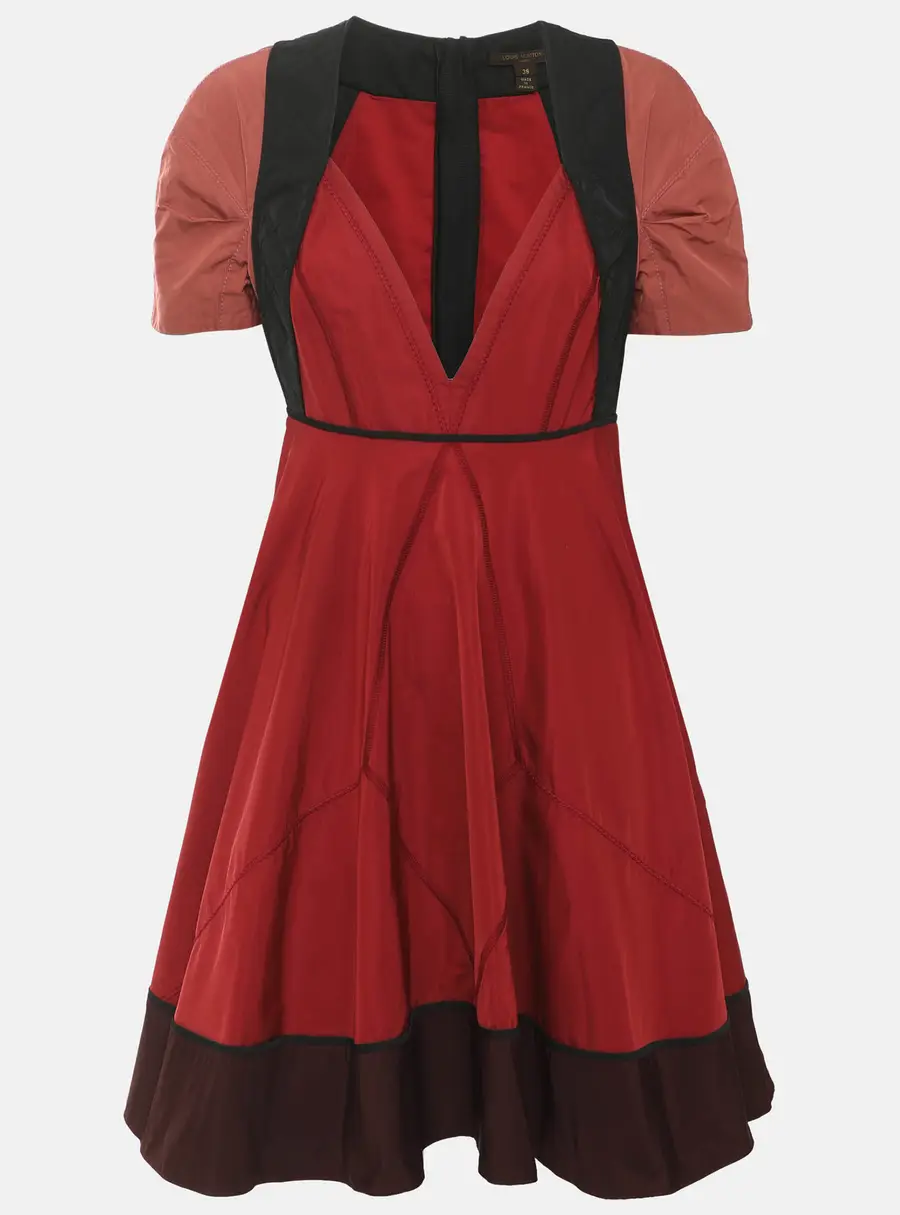 Louis Vuitton Red/Black Satin Flare Midi Dress M