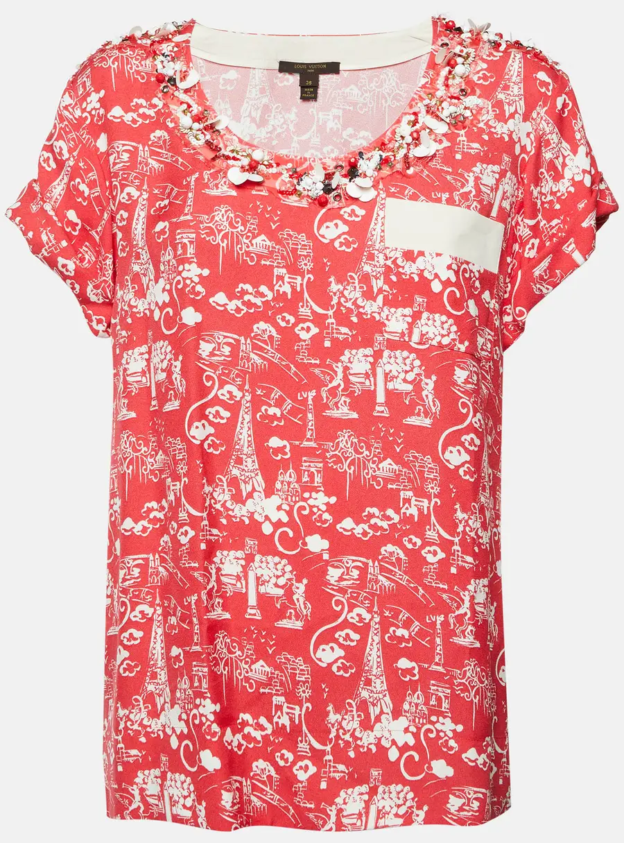 Louis Vuitton Red Paris Art Print Crepe Bead Embellished Blouse M
