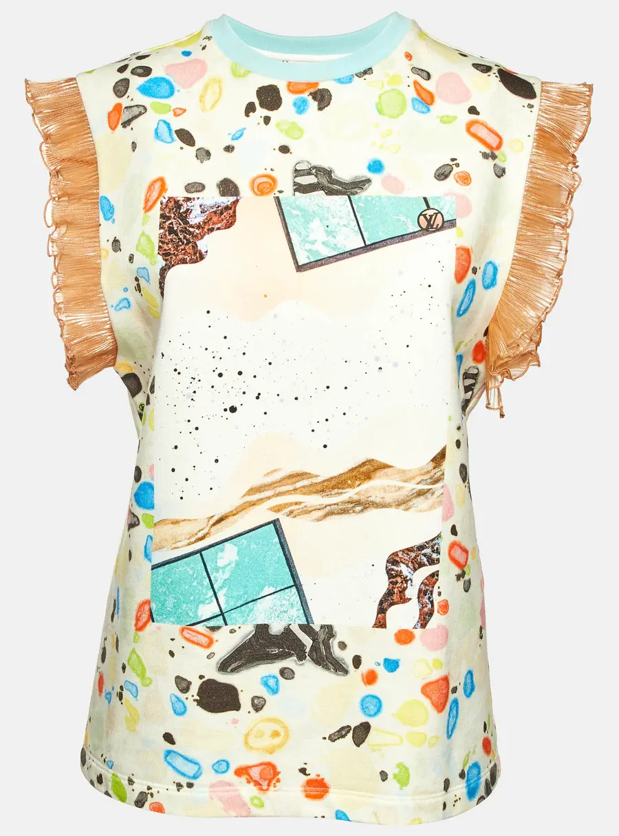Louis Vuitton Multicolor Abstract Print Cotton Knit Plisse Trim Top L