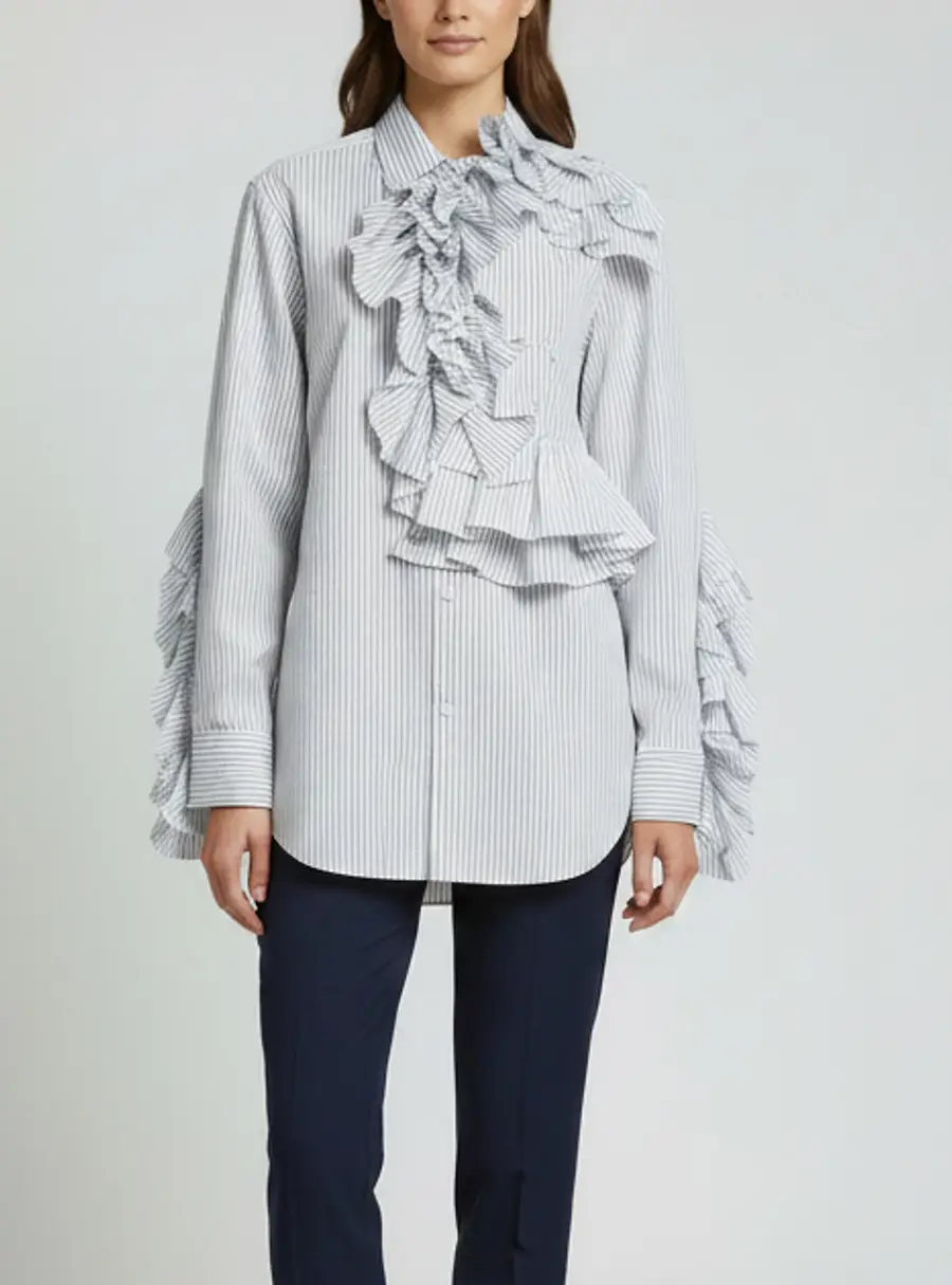 Louis Vuitton White Pin Striped Cotton Ruffled Shirt S