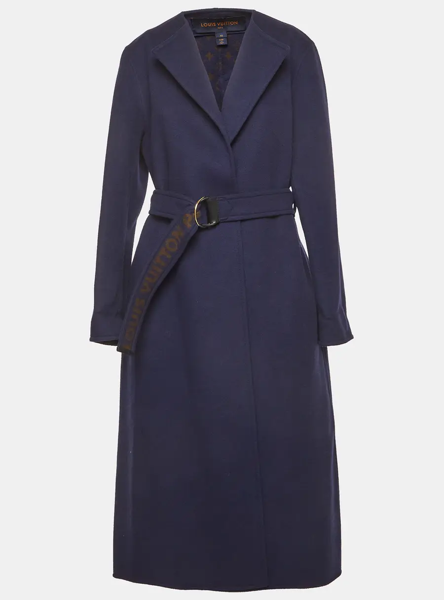 Louis Vuitton Navy Blue Monogram Belted Felt Wrap Coat M