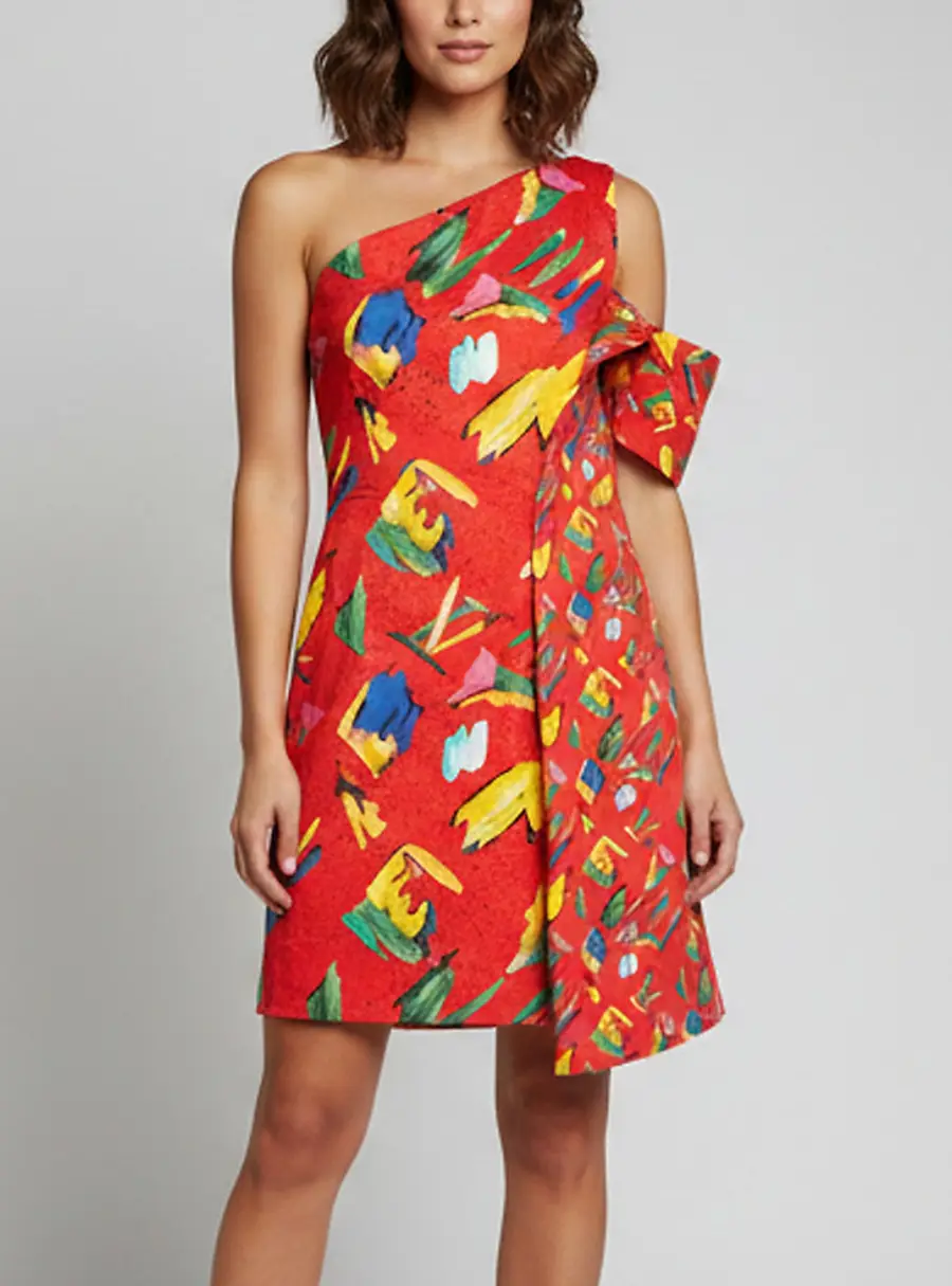 Louis Vuitton Red Printed Cotton One Shoulder Draped Dress M