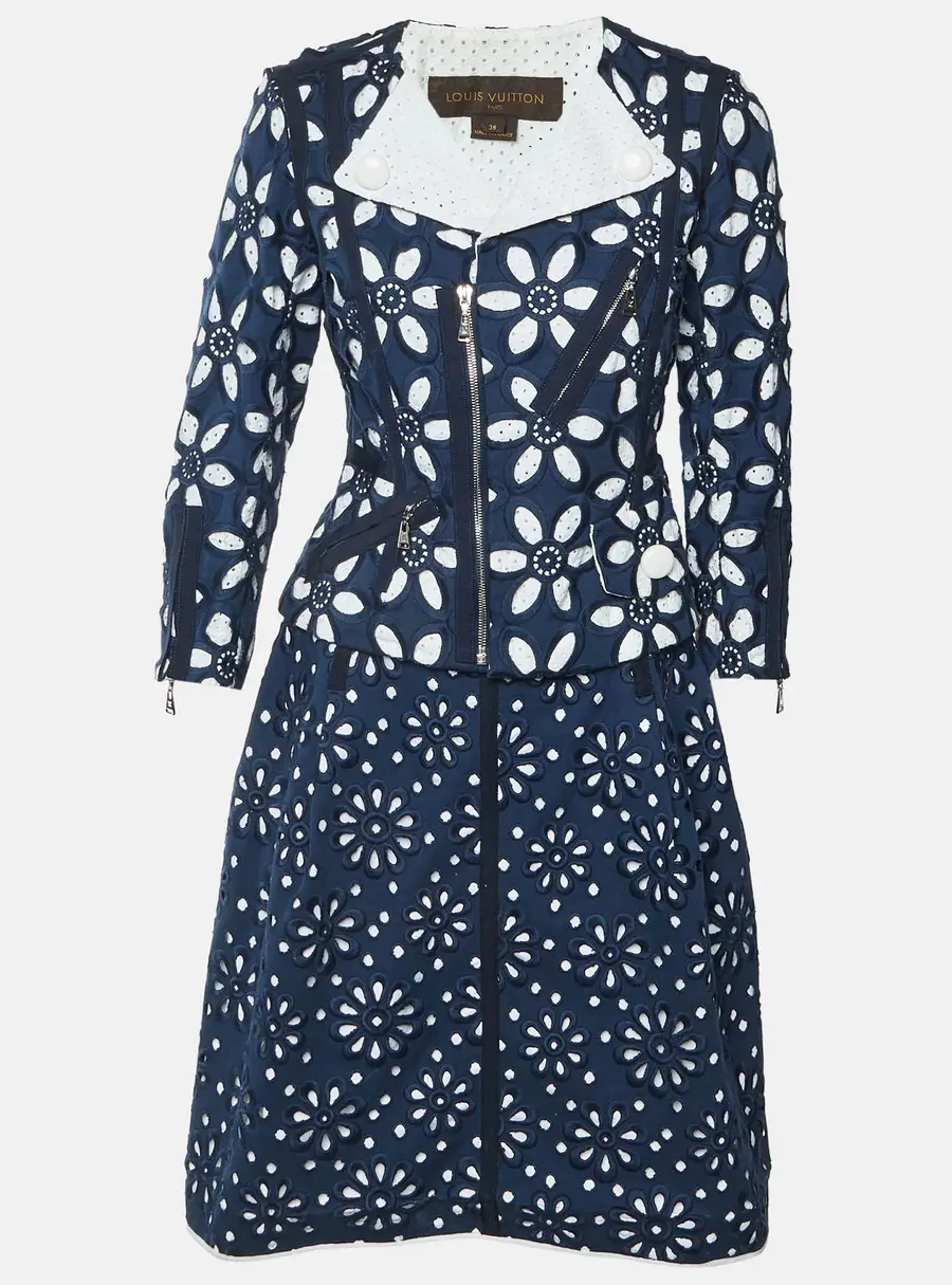 Louis Vuitton Navy Blue Embroidered Eyelet Lace Skirt Set M