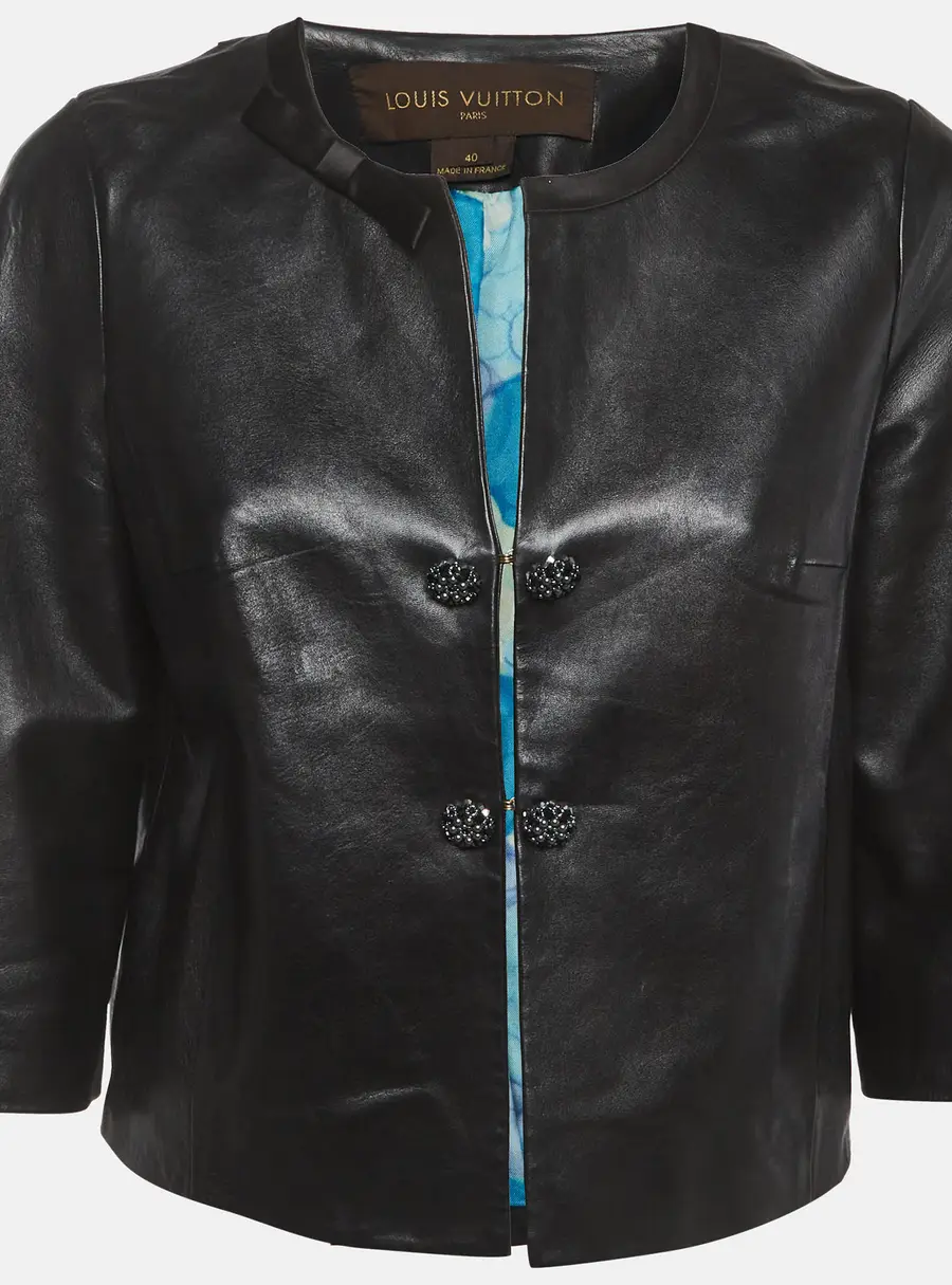 Louis Vuitton Black Leather Crystal Embellished Cropped Jacket M