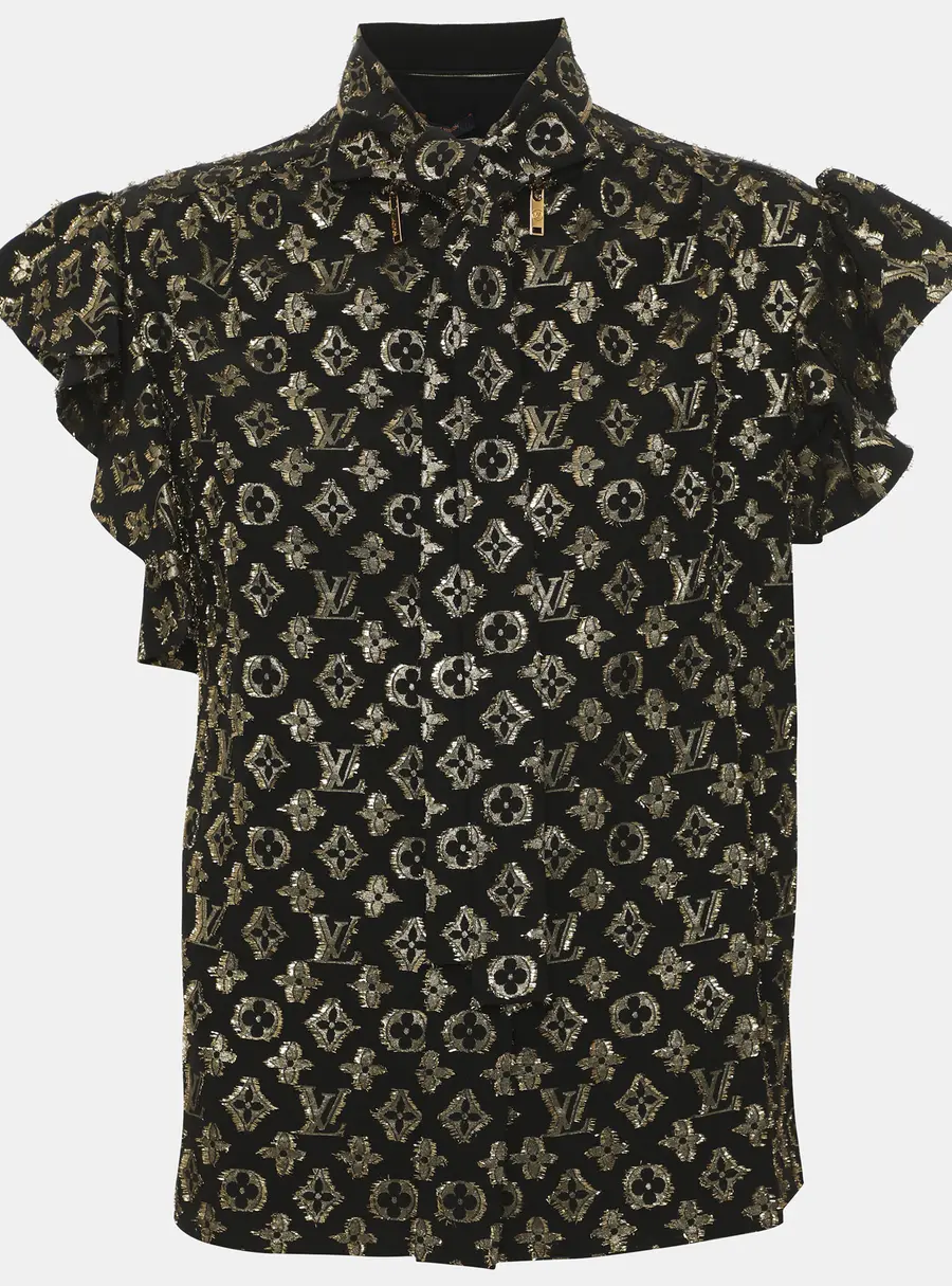 Louis Vuitton Black/Gold Monogram Decorative Silk Neck Tie Blouse S