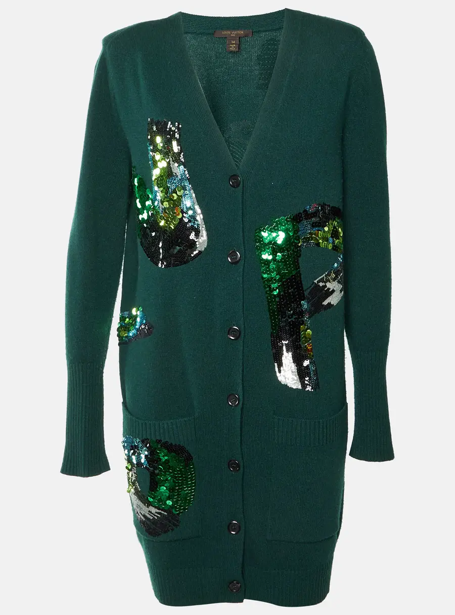 Louis Vuitton Green Sequin Embellished Wool Knit Long Cardigan M