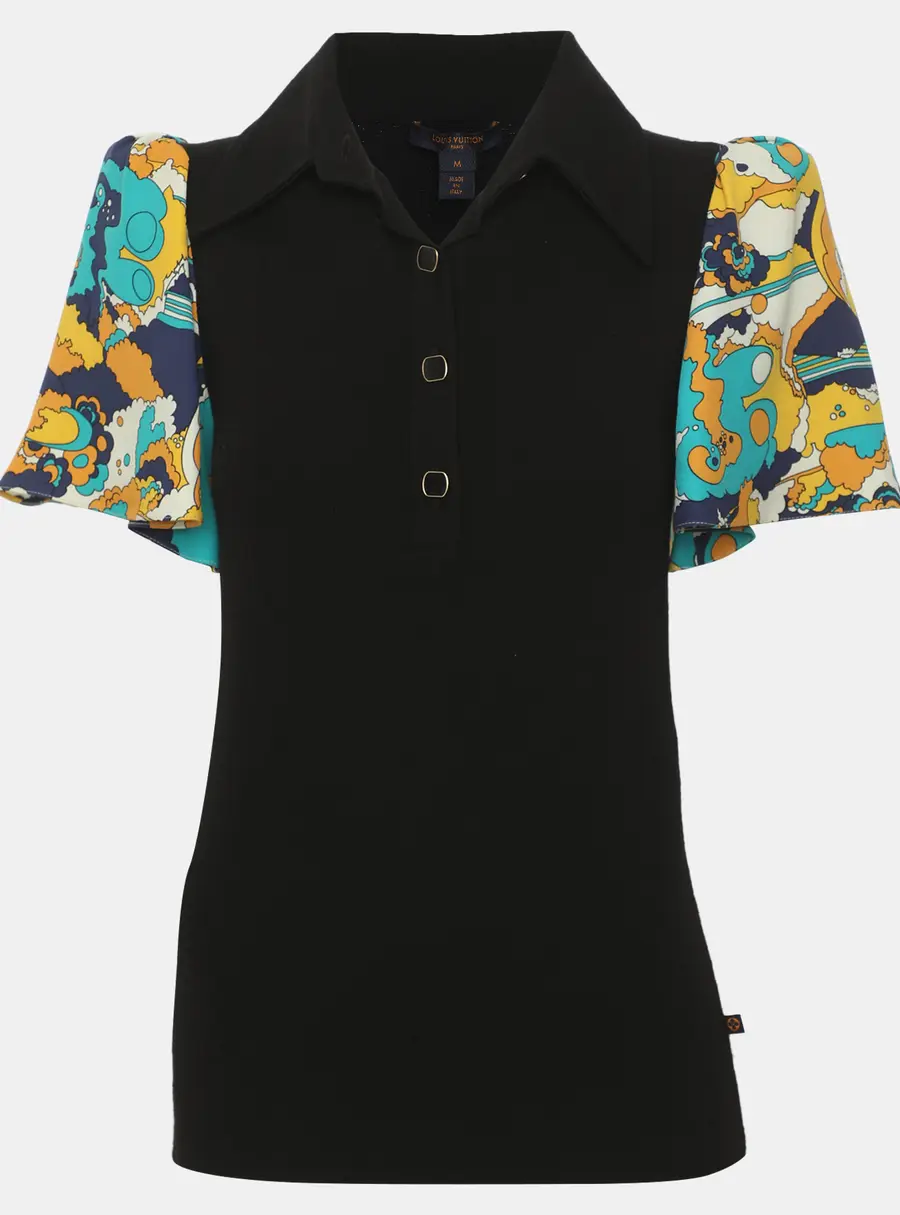 Louis Vuitton Black Wool Blend and Multicolor Flared Sleeves Tops M