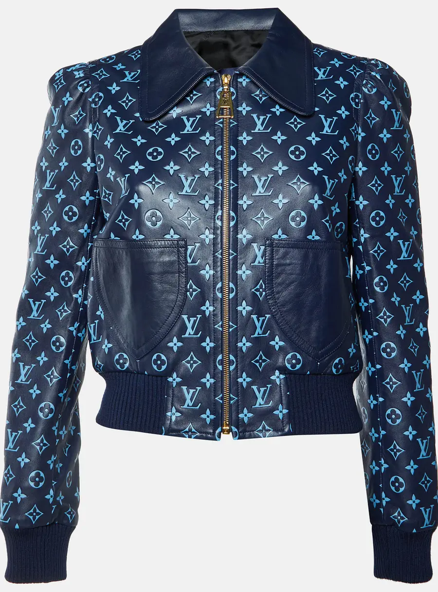 Louis Vuitton Navy Blue Monogram Leather Zip-Up Jacket M