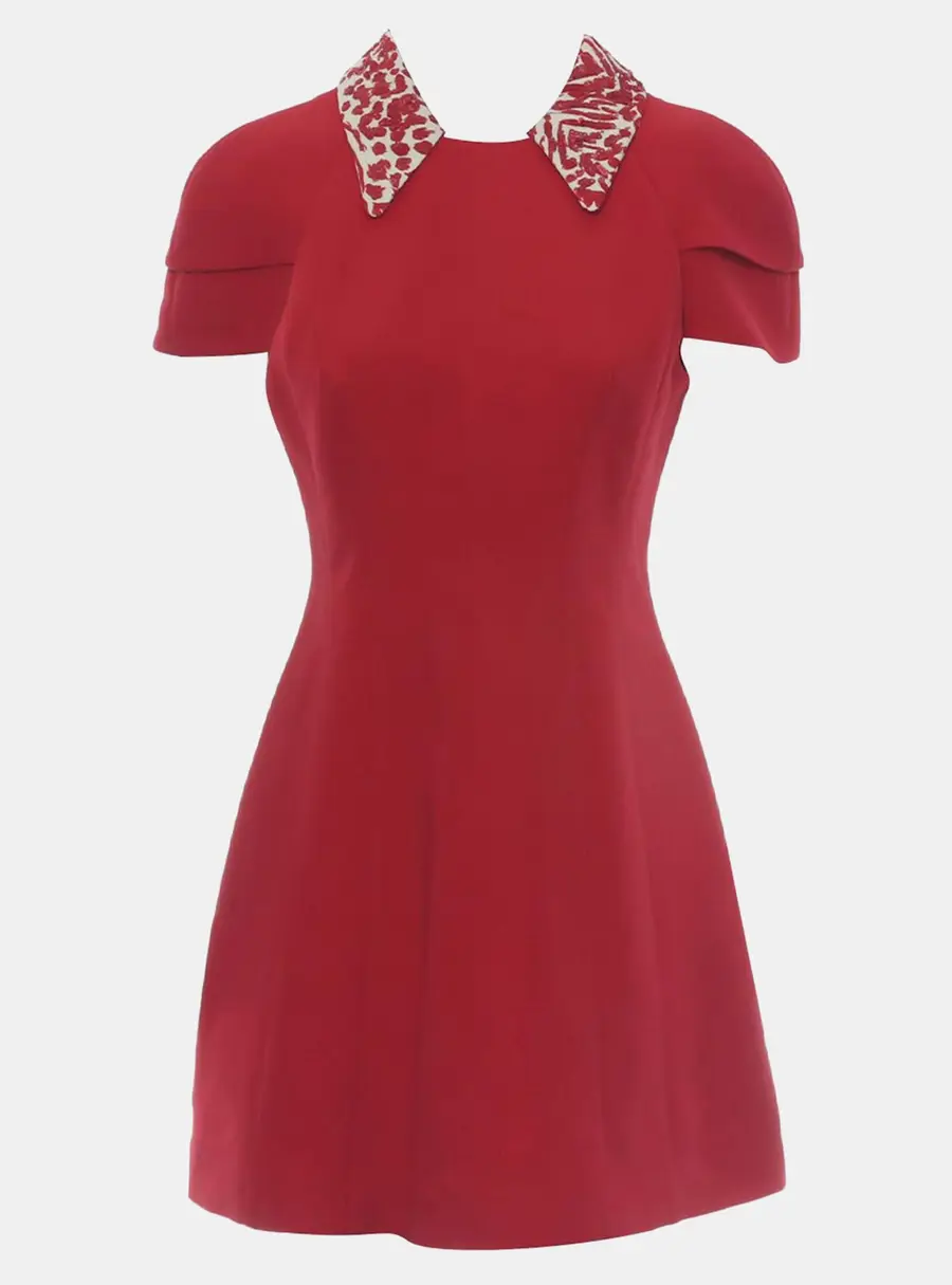 Louis Vuitton Red Silk Wool Embellished Collar Dress