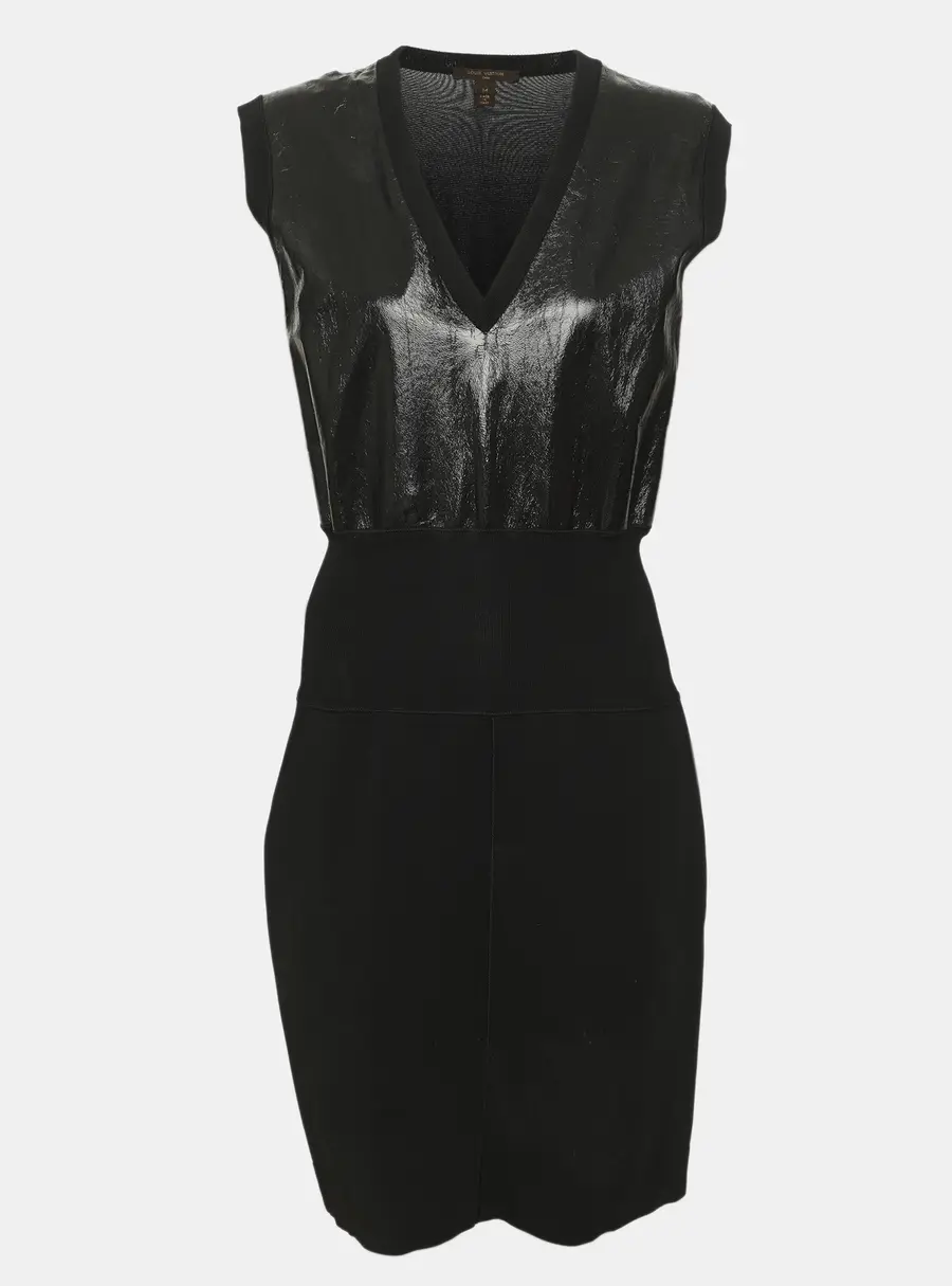 Louis Vuitton Black Stretch Knit and Patent Leather Knee Length Dress M