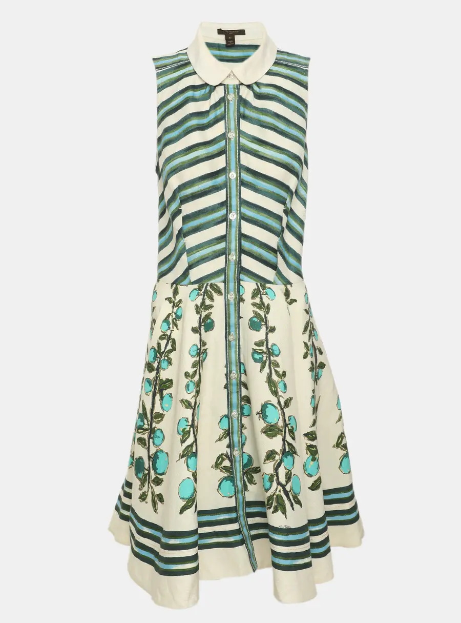 Louis Vuitton Light Beige/Green Floral Printed Linen Blend Sleeveless Knee Length Dress M