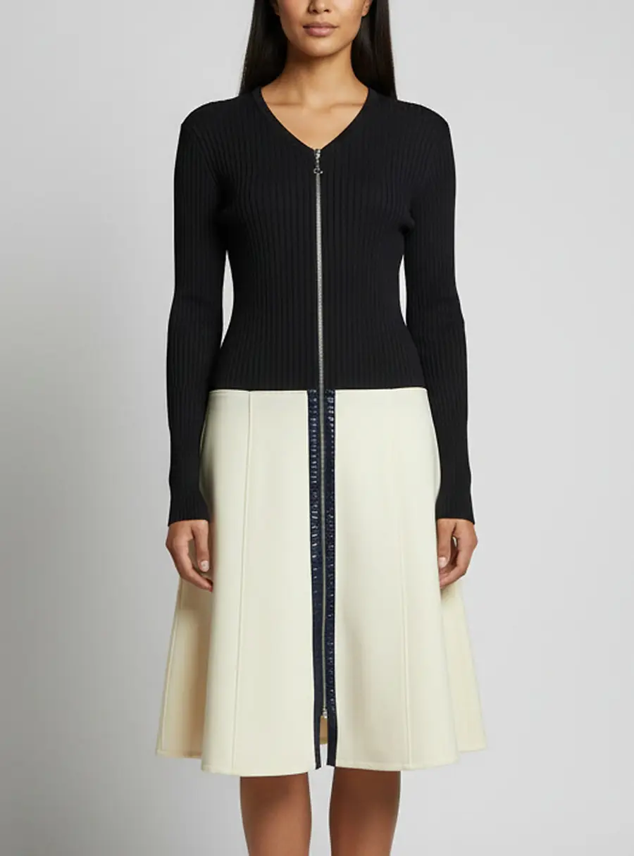 Louis Vuitton Color Block Wool & Rib Knit Zip-Up Long Sleeve Midi Dress L