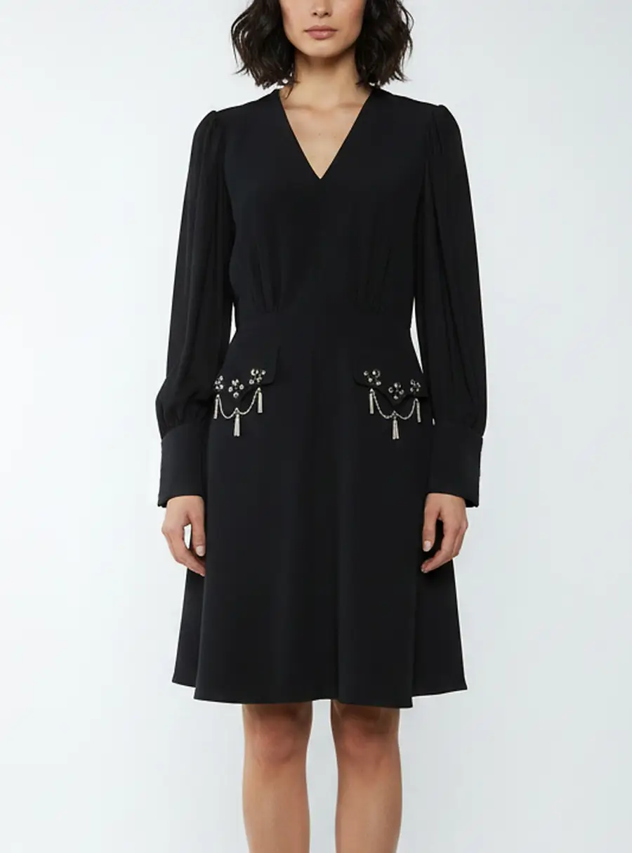 Louis Vuitton Black Stretch Crepe Puff Sleeve Mini Dress L