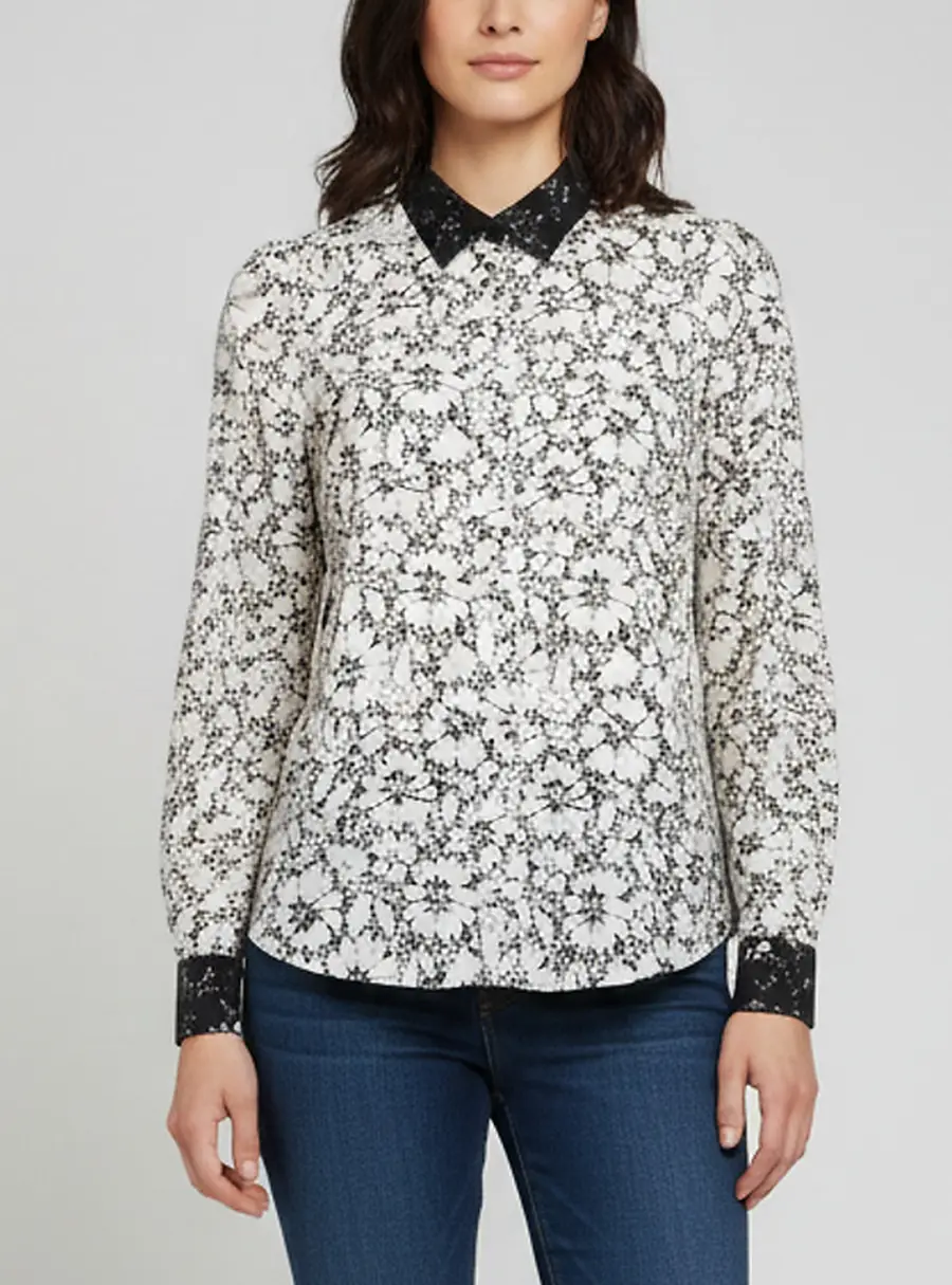 Louis Vuitton Monochrome Floral Print Silk Long Sleeves Shirt M