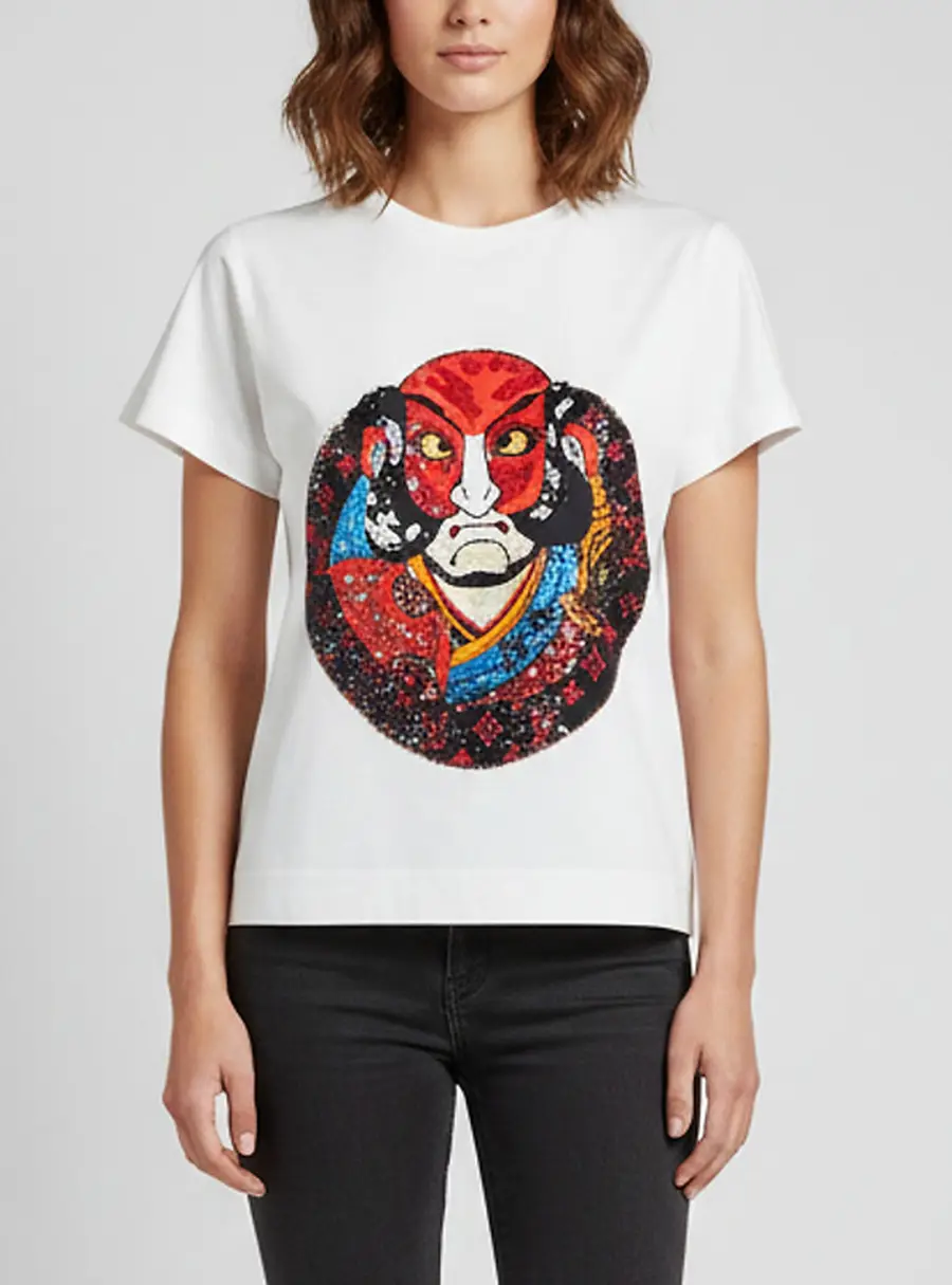 Louis Vuitton X Kansai Yamamoto Off White Kabuki Sequin Cotton Crewneck T-Shirt S