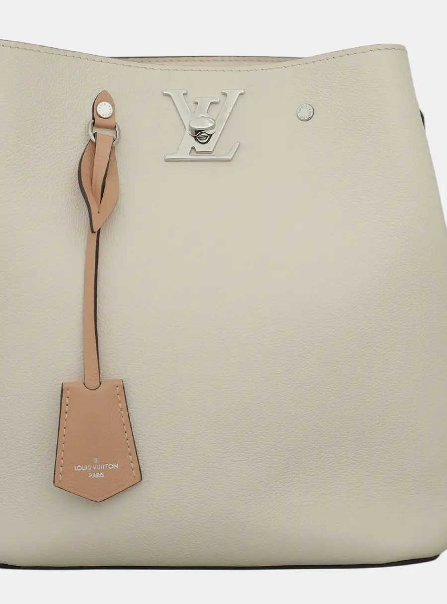 Louis Vuitton Lockme Bucket Bag MM Cream Grained Calfskin Leather Shoulder Bag