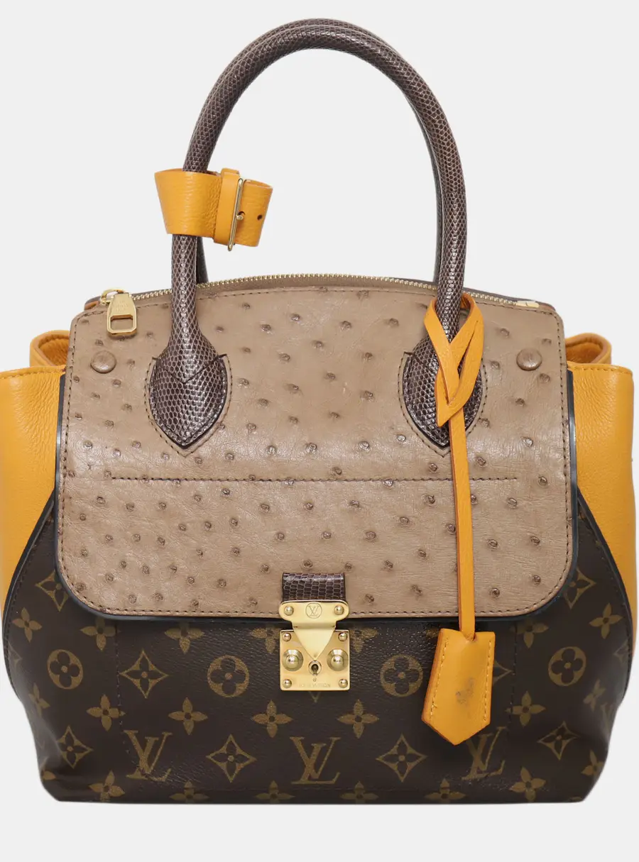 Louis Vuitton Majestueux PM Beige Brown Yellow Monogram Canvas Ostrich Lizard Leather Top Handle Bag