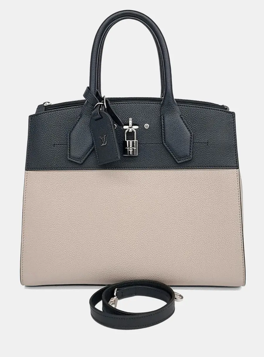 Louis Vuitton City Steamer MM Beige Black Grained Calfskin Leather Top Handle Bag