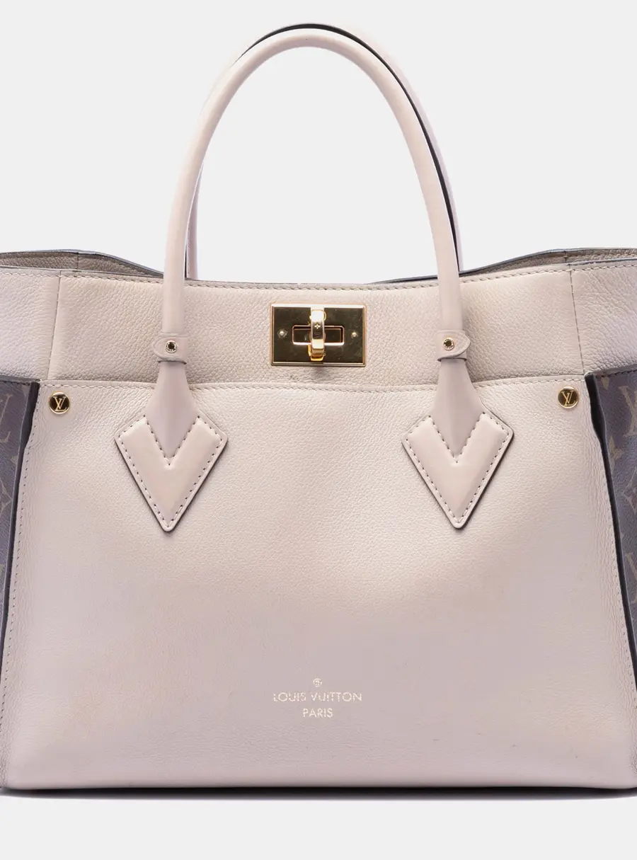 Louis Vuitton On My Side MM Greige Small Grained Calfskin Leather Monogram Canvas Tote Bag