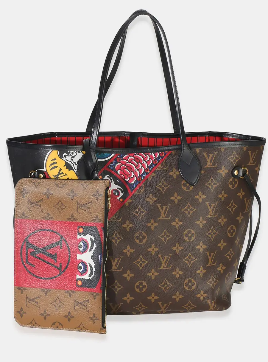 Louis Vuitton Neverfull MM Red Multicolor Monogram Canvas Kabuki Top Handle Bag