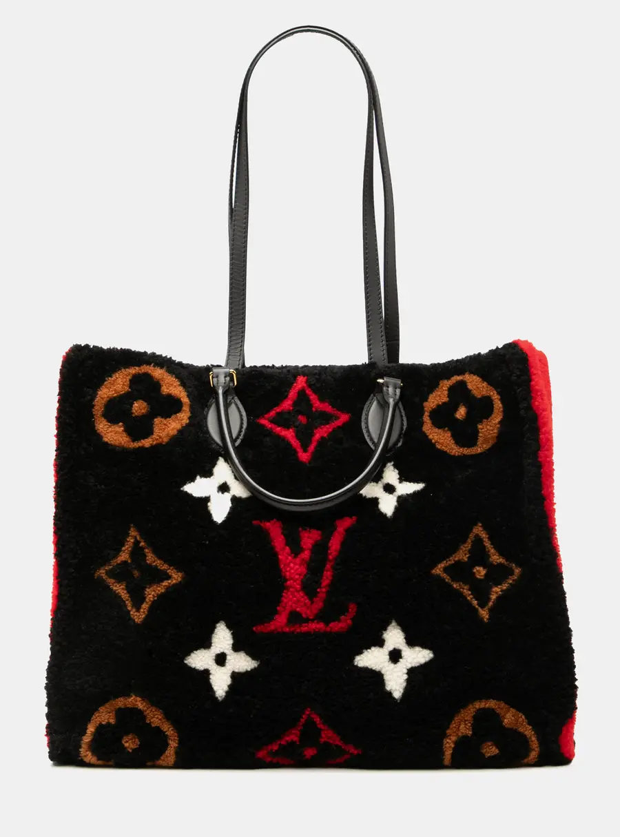 Louis Vuitton Monogram Giant Teddy Onthego GM Black Red Shearling Tote Bag