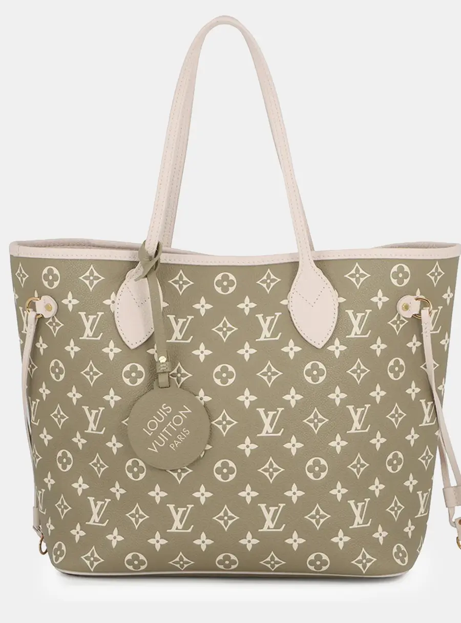 Louis Vuitton Neverfull MM Khaki Beige Monogram Empreinte Leather Tote Bag