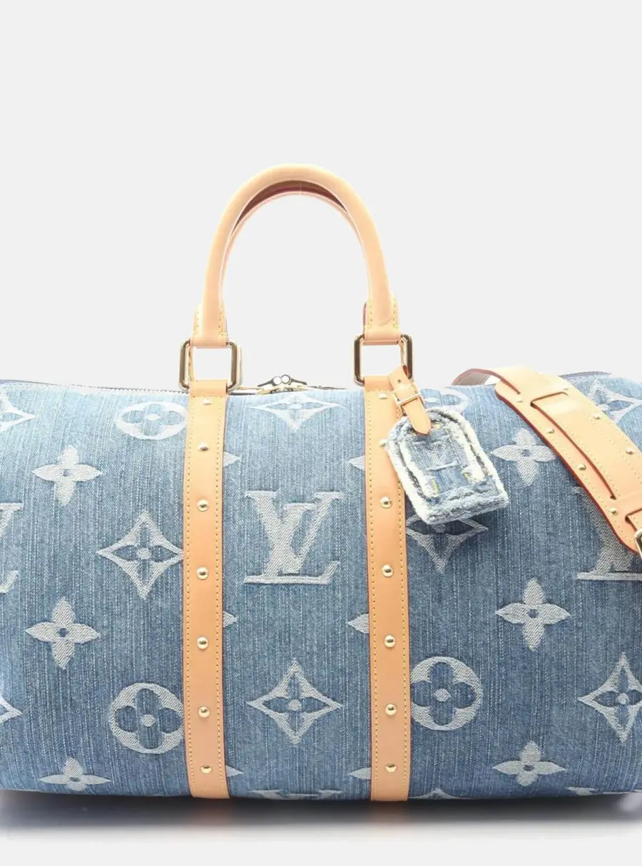 Louis Vuitton LV Remix Keepall Bandouliere 45 Blue Monogram Denim Natural Cowhide Leather Boston Bag