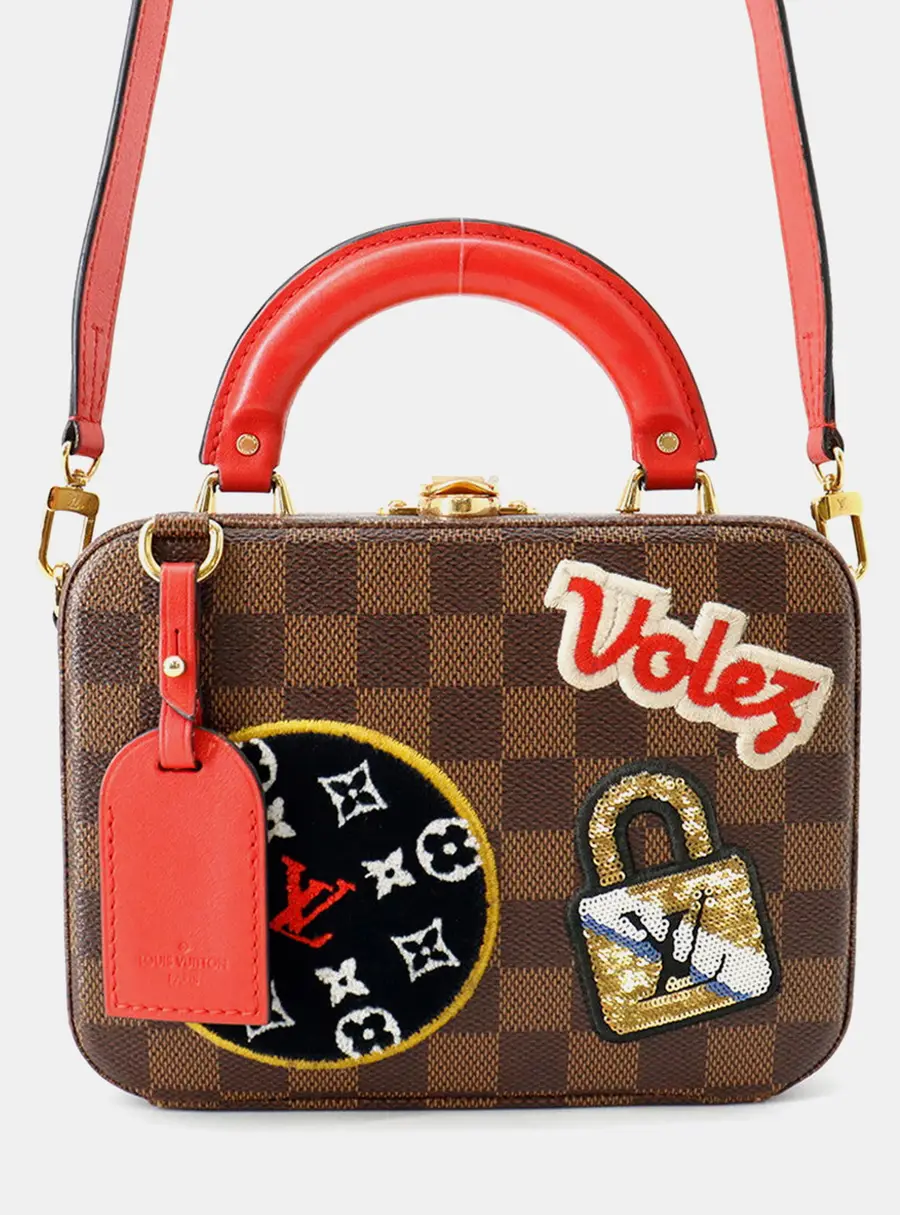 Louis Vuitton Stories Box Damier Ebene Canvas Red Leather Top Handle Bag