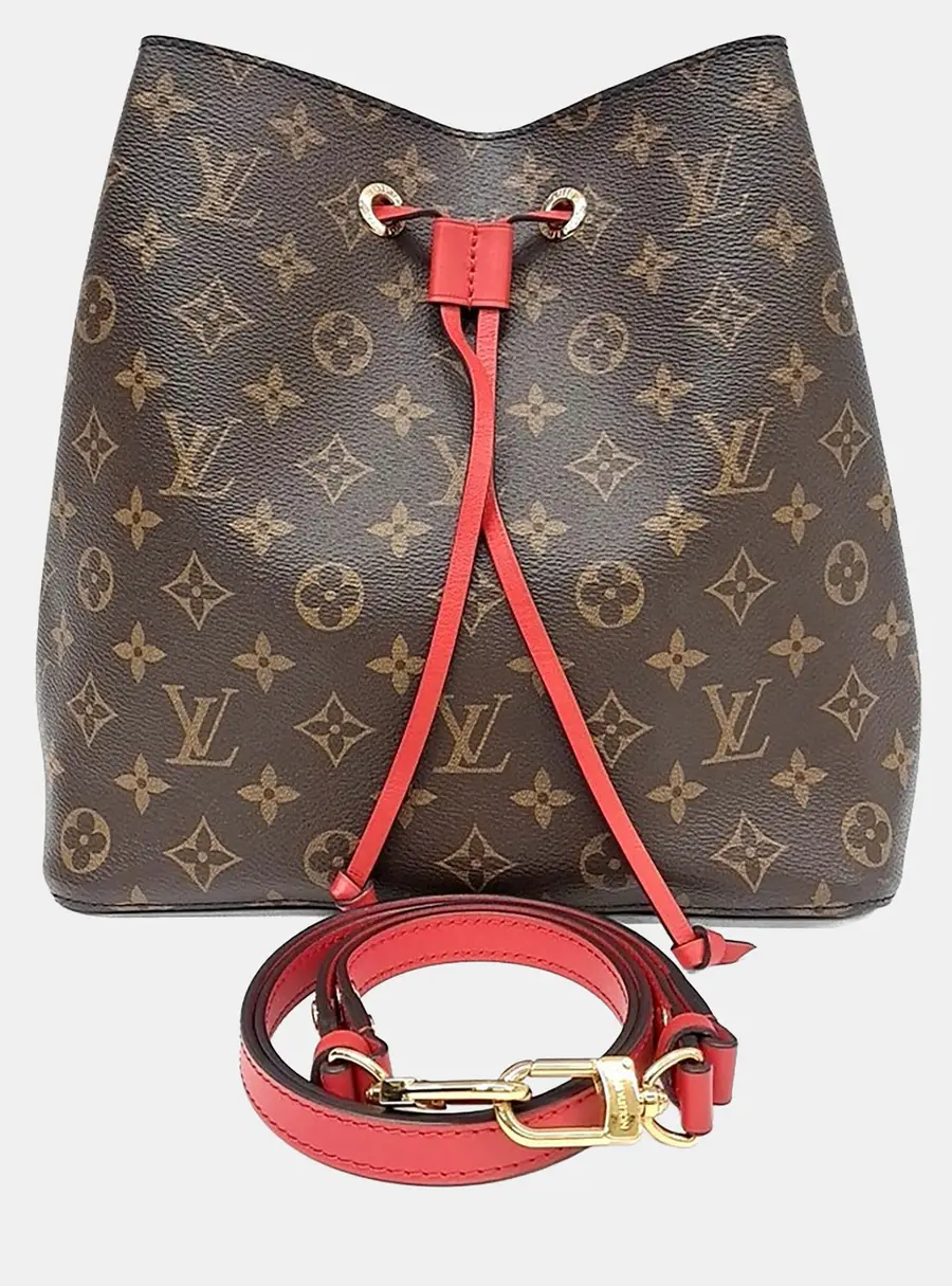 Louis Vuitton Neo Noe MM Brown Monogram Canvas Red Leather Shoulder Bag