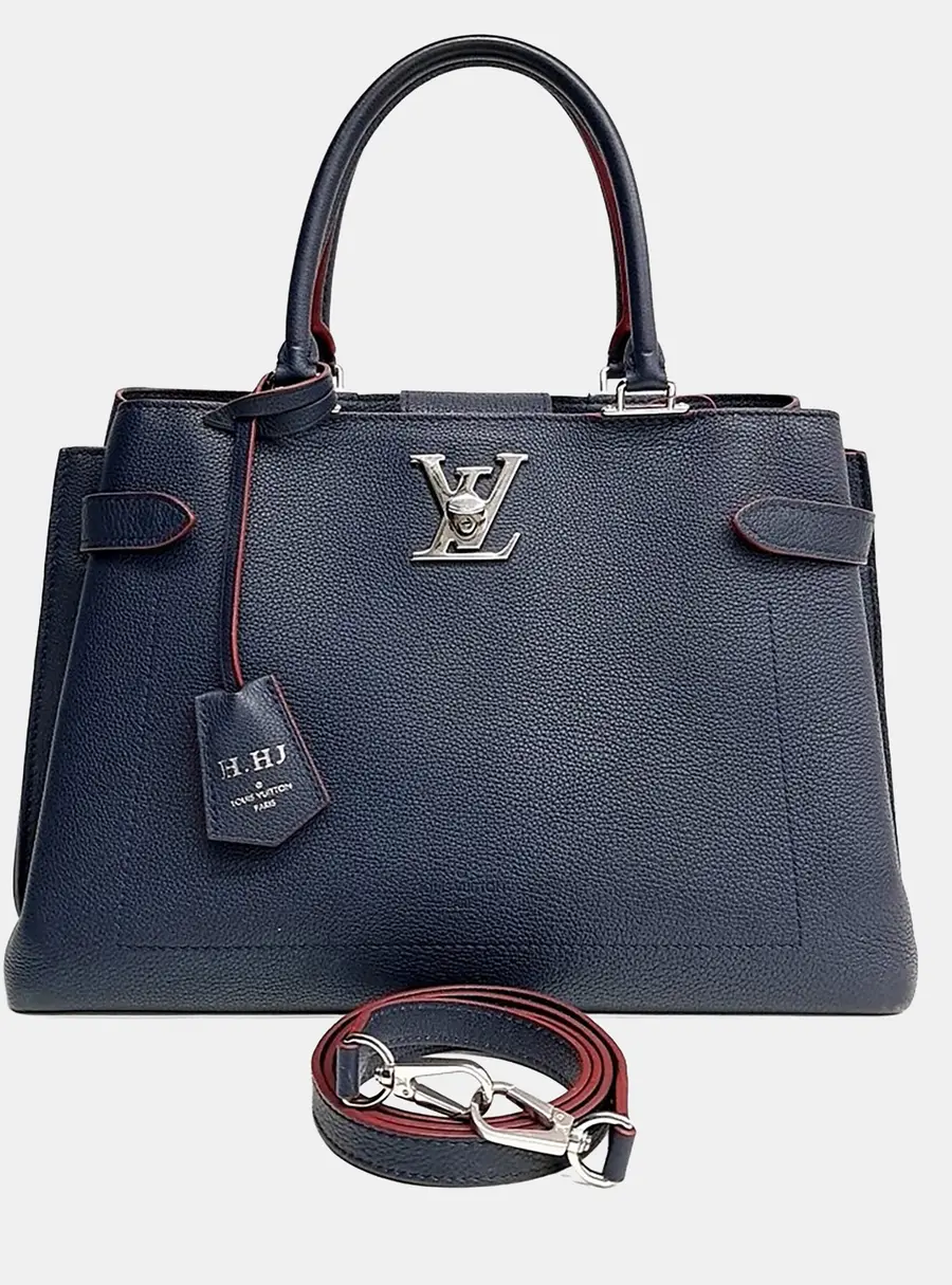 Louis Vuitton Lockme Day PM Navy Blue and Red Grained Calfskin Leather Top Handle Bag