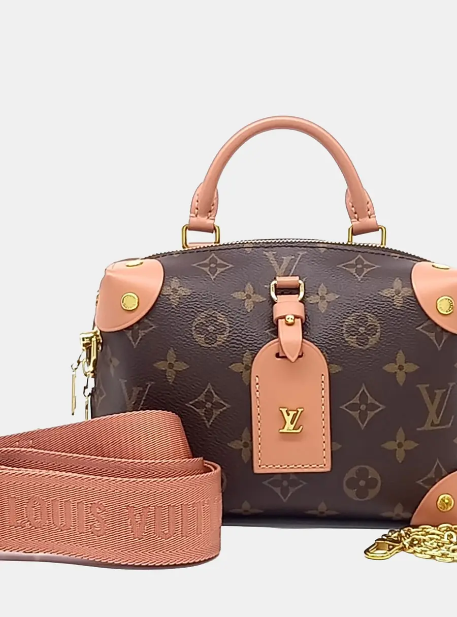 Louis Vuitton Petite Malle PM Brown Monogram Canvas Pink Leather Top Handle Bag