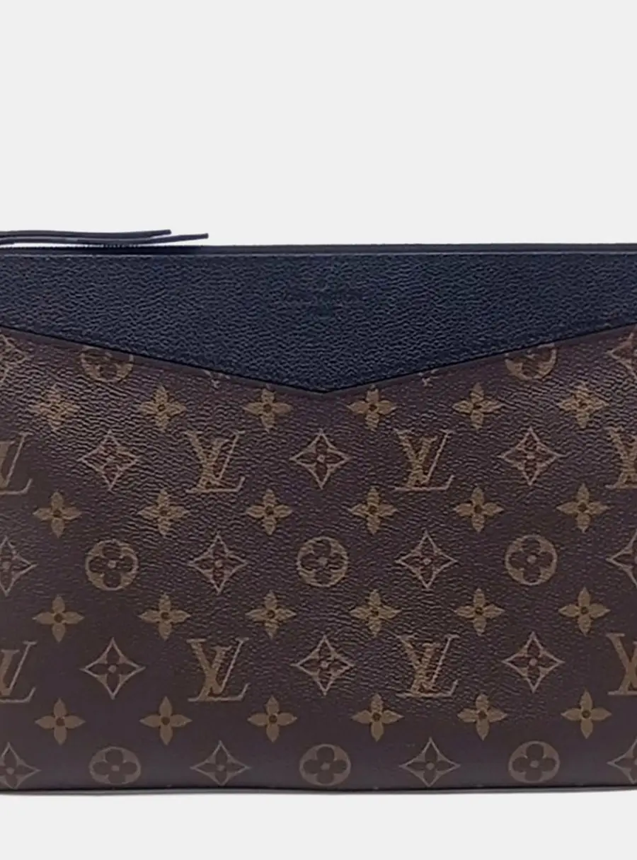 Louis Vuitton Daily Clutch GM Black Brown Monogram Canvas Leather Clutch Bag
