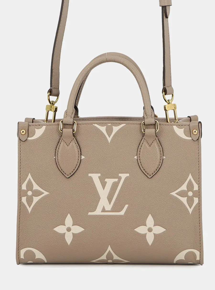 Louis Vuitton Onthego PM Tourterelle Monogram Empreinte Leather Top Handle Bag