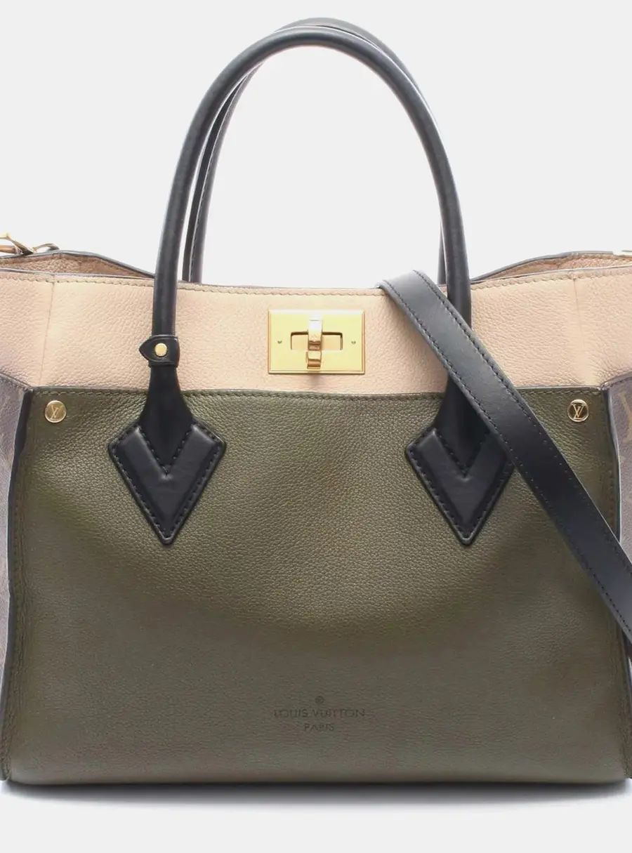 Louis Vuitton On My Side MM Laurier Green Monogram Canvas Grain Calfskin Tote Bag