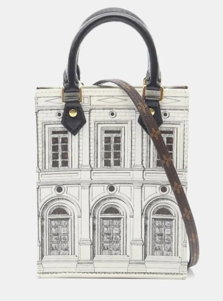 Louis Vuitton x Fornasetti Architettura Petit Sac Plat White Monogram Canvas Patent Leather Mini Top Handle Bag