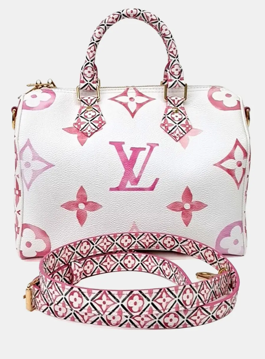 Louis Vuitton Speedy Bandouliere 25 White Pink Monogram Empreinte Leather Top Handle Bag
