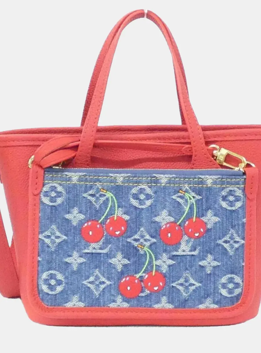 Louis Vuitton x Takashi Murakami Cherry Neverfull Inside Out BB Blue Monogram Denim Grained Calfskin Leather Tote Bag