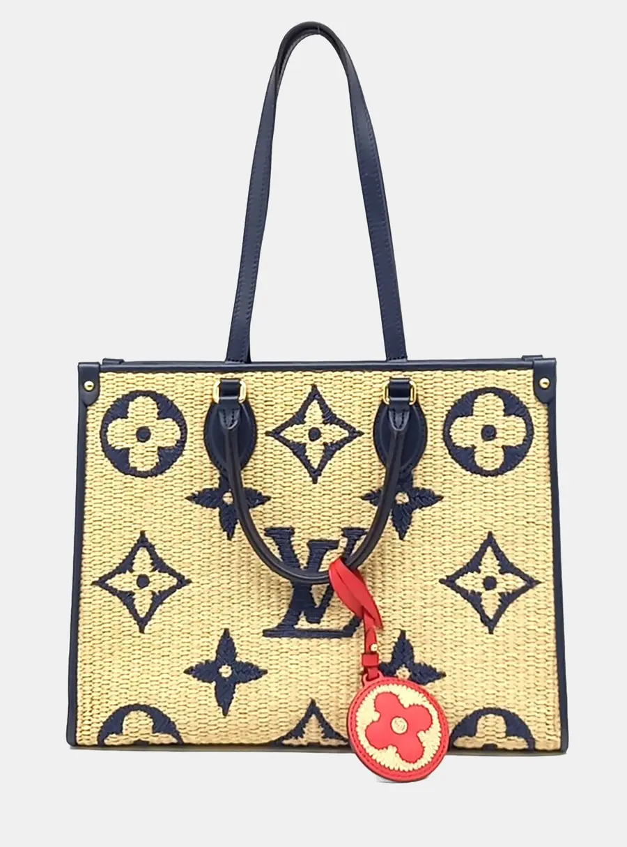 Louis Vuitton Beige Navy Blue Raffia On The Go MM