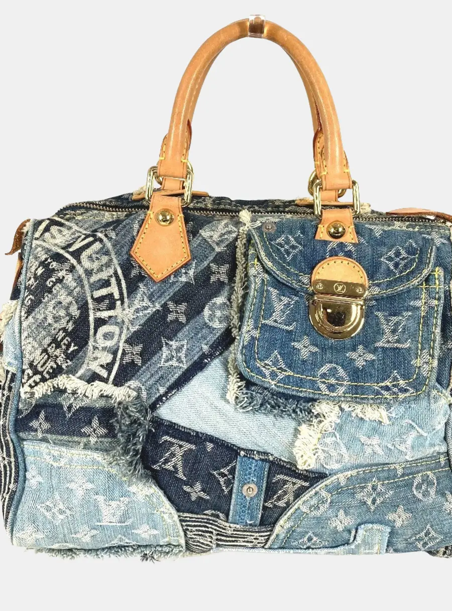 Louis Vuitton Monogram Denim Patchwork Speedy 30 Blue Monogram Denim Canvas Top Handle Bag