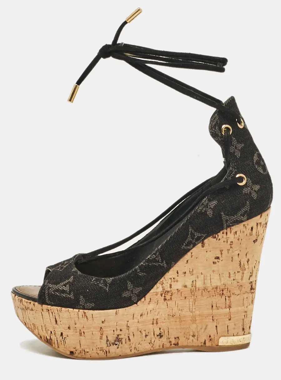 Louis Vuitton Black Monogram Denim Wedge Platform Ankle Wrap Pumps Size 36.5