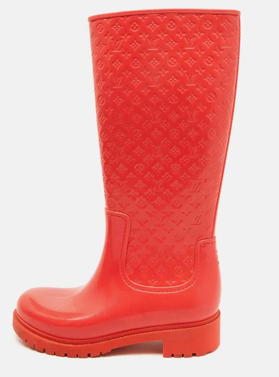 Louis Vuitton Coral Orange Monogram Rubber Splash Rain Boots Size 38