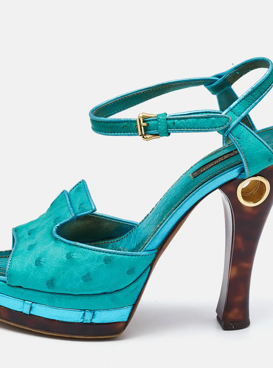 Louis Vuitton Blue Ostrich Leather Ankle Strap Sandals Size 37