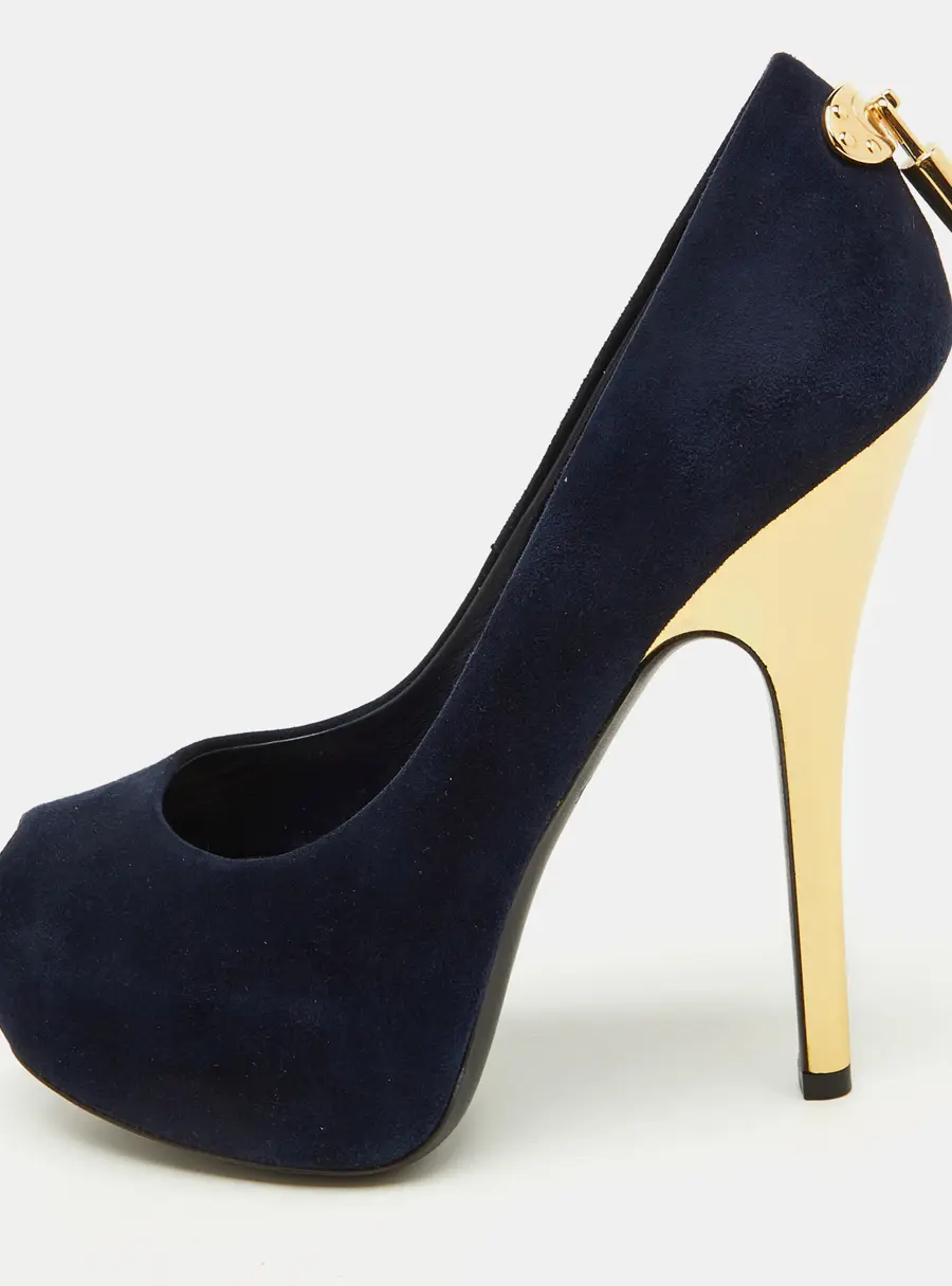 Louis Vuitton Navy Blue Suede Oh Really! Platform Peep Toe Pumps Size 36