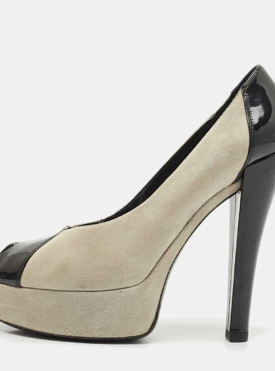 Louis Vuitton Grey/Black Suede And Patent Leather Peep Toe Platform Pumps Size 39
