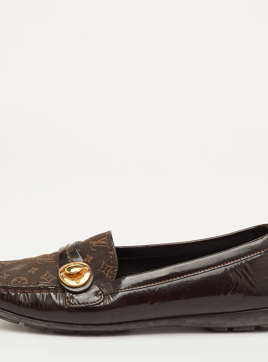 Louis Vuitton Size 38 Brown Patent Leather and Mini Lin Monogram Canvas Slip On Loafers