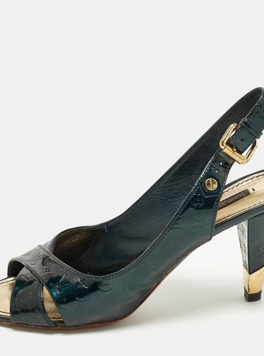 Louis Vuitton Vernis Size 39 Dark Green Monogram Patent Leather Slingback Pumps